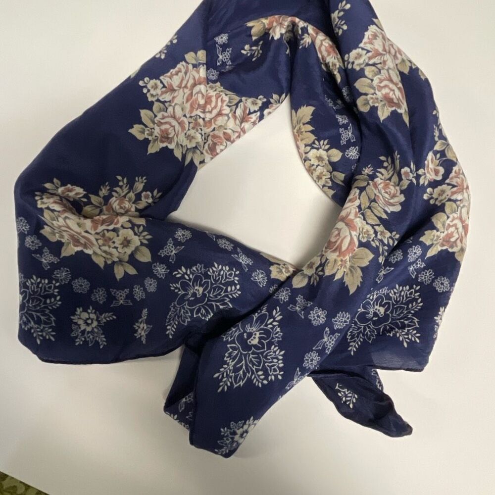 Access 100% silk dark blue floral scarf 32” x 33” hand rolled